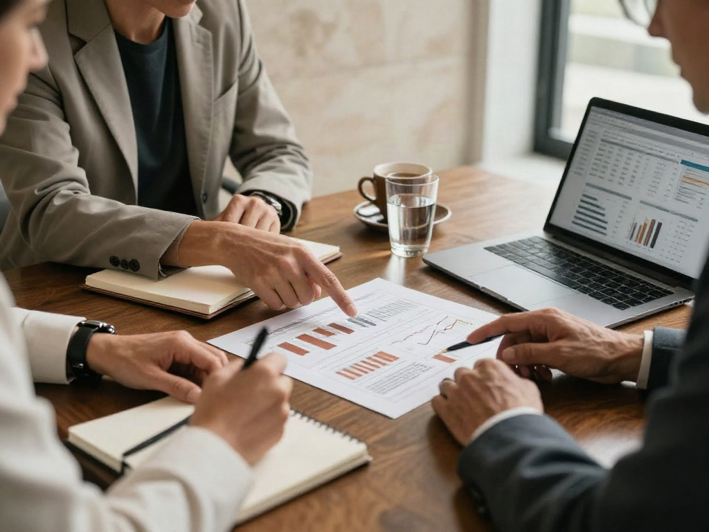Hands-on business review with financial charts, research notes and a laptop on a conference table