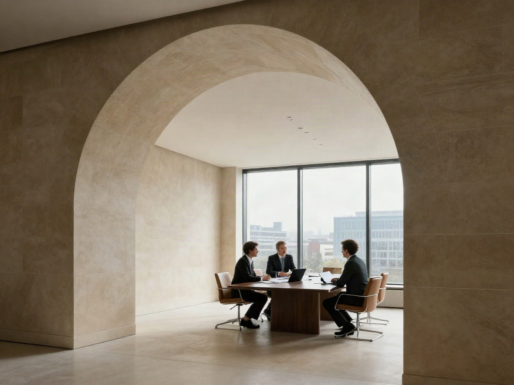 Consultants reviewing business strategy in a light-filled contemporary boardroom